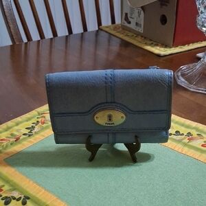 Fossil Blue Leather Wallet with Silver Accent
